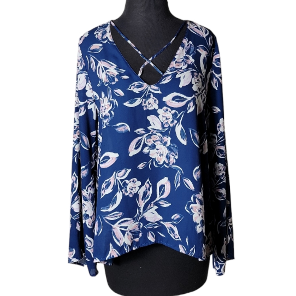 Lush floral v neck long sleeve top blue pink white strappy neckline women small